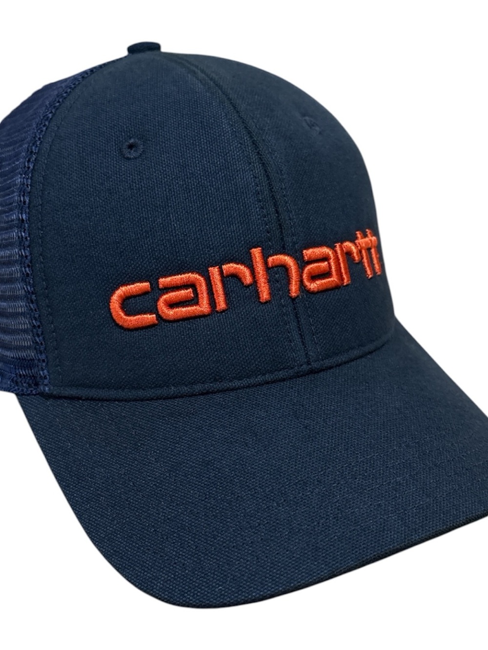 Carhartt Navy Blue Snapback Trucker Hat Cap Orange Spell Out Logo